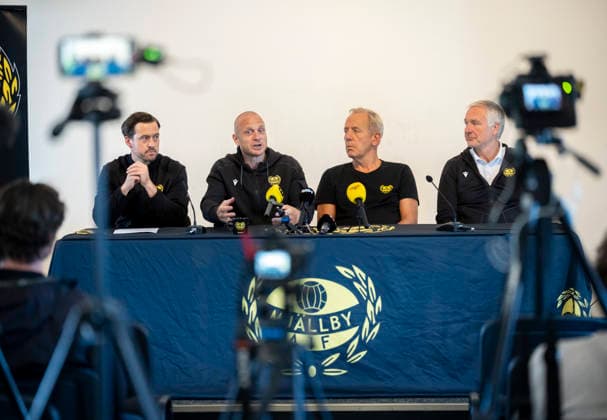 HÄLLEVIK 2026-09-09 Club manager Jacob Lennartsson, new head coach Andreas Brännström, sports director Hans Larsson and chairman Jan Sjöblom when Mjällby AIF holds a press conference, PK, Pressekonferenz at the office at Strandvallen in Hällevik on Wednesday. Mjällby fired coach Karl Marius Aksum this week. HÄLLEVIK SWEDEN x50090x