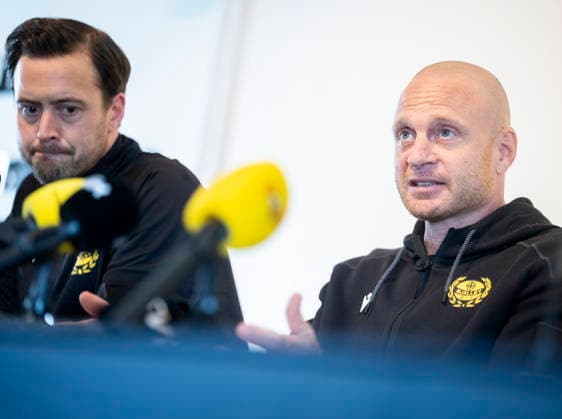 HÄLLEVIK 2026-09-09 Club manager Jacob Lennartsson and new head coach Andreas Brännström when Mjällby AIF holds a press conference, PK, Pressekonferenz at the office at Strandvallen in Hällevik on Wednesday. Mjällby fired coach Karl Marius Aksum this week. HÄLLEVIK SWEDEN x50090x