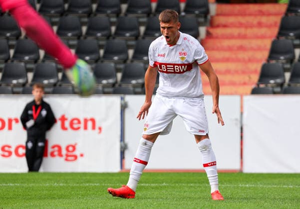 09.09.2026, Stuttgart, Fußball Champions League, Saison 2026 2027, VfB Stuttgart U19 vs. Viking U19, Jubel nach dem 1:0 Tor, Torschütze Enis Redzepi (VfB)