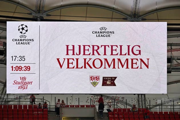 vor Spielbeginn: Anzeigetafel Willkommen auf Norwegisch HJERTELIG VELKOMMEN Champions League VfB Stuttgart vs Viking FK Stavanger 09.09.2026 DFL REGULATIONS PROHIBIT ANY USE OF PHOTOGRAPHS AS IMAGE SEQUENCES AND OR QUASI-VIDEO Champions League VfB Stuttgart vs Viking FK Stavanger