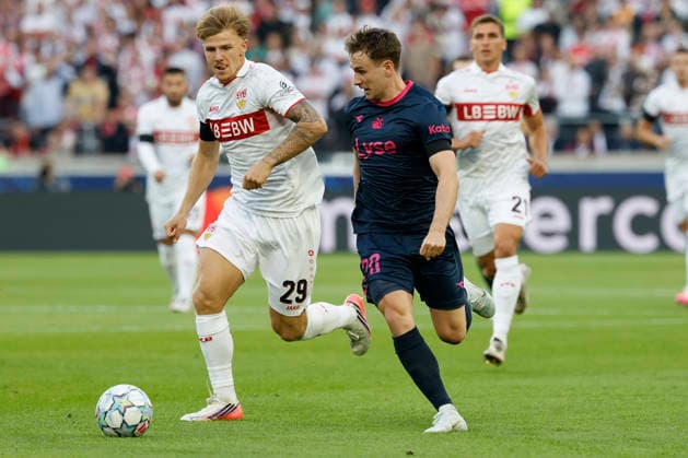 v.l.n.r.: Finn Jeltsch (VfB Stuttgart) und Peter Christiansen (Viking), im UEFA-Champions-League-Spiel zwischen dem VfB Stuttgart und Viking FK in der MHP Arena, Stuttgart, Deutschland, am 9. September 2026.d in action during the UEFA Champions League match between VfB Stuttgart and Viking FK at the MHP Arena, Stuttgart, Germany, on September 9, 2026. Copyright: HMBxMedia xHeikoxBecker