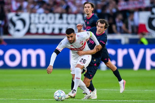 260909 Deniz Undav of Stuttgart and Joe Bell of Viking during the UEFA Champions League football match between VfB Stuttgart and Viking on September 9, 2026 in Stuttgart. Photo: Marius Simensen BILDBYRAN COP 238 MM0072 bbeng football fotball fotboll soccer uefa champions league mesterligaen viking vfb stuttgart Copyright: MARIUSxSIMENSEN BB260909BB555