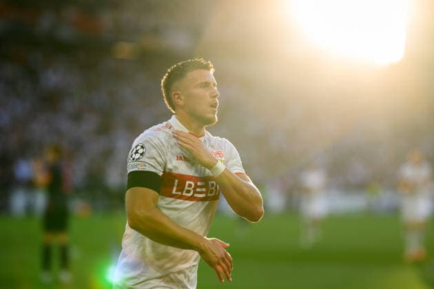 260909 Ermedin Demirovic of Stuttgart celebrates after scoring 1-0 during the UEFA Champions League football match between VfB Stuttgart and Viking on September 9, 2026 in Stuttgart. Photo: Marius Simensen BILDBYRAN COP 238 MM0072 bbeng football fotball fotboll soccer uefa champions league mesterligaen viking vfb stuttgart jubel Copyright: MARIUSxSIMENSEN BB260909BB568