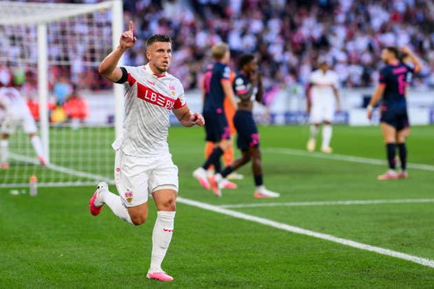 260909 Ermedin Demirovic of Stuttgart celebrates after scoring 1-0 during the UEFA Champions League football match between VfB Stuttgart and Viking on September 9, 2026 in Stuttgart. Photo: Marius Simensen BILDBYRAN COP 238 MM0072 bbeng football fotball fotboll soccer uefa champions league mesterligaen viking vfb stuttgart jubel Copyright: MARIUSxSIMENSEN BB260909BB569