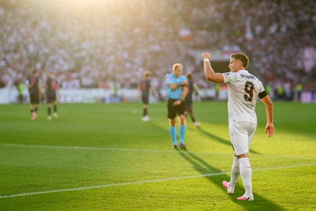 260909 Ermedin Demirovic of Stuttgart celebrates after scoring 1-0 during the UEFA Champions League football match between VfB Stuttgart and Viking on September 9, 2026 in Stuttgart. Photo: Marius Simensen BILDBYRAN COP 238 MM0072 bbeng football fotball fotboll soccer uefa champions league mesterligaen viking vfb stuttgart jubel Copyright: MARIUSxSIMENSEN BB260909BB572