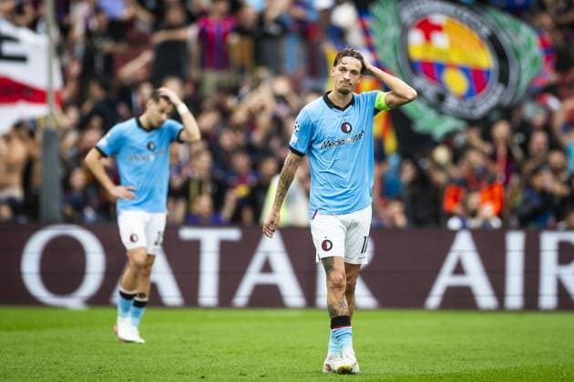 BARCELONA - Luciano Valente of Feyenoord reacts to the 2-0 during the UEFA Champions League match between FC Barcelona, Barca and Feyenoord at Camp Nou on September 9, 2026 in Barcelona, Spain. KOEN VAN WEEL ANP UEFA Champions League 2026 27 xVIxANPxSportx xxANPxIVx 567769872 originalFilename: 567769872.jpg