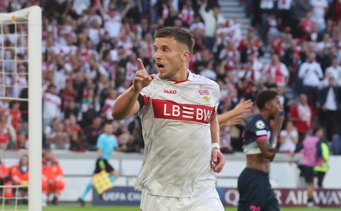 Stuttgart , Fußball UEFA Champions League VfB Stuttgart vs. Viking Stavanger , Jubel Ermedin Demirovic ( VfB )