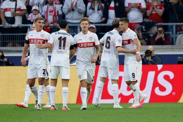 Jubel nach dem Tor zum 2:1, jubelnd, bejubelt, jubelt, jubeln, Cheers after the goal, cheering, celebrated, cheers, cheering, emotions um den Torschuetze, Scorer Ermedin Demirovic (VfB Stuttgart) r., im UEFA-Champions-League-Spiel zwischen dem VfB Stuttgart und Viking FK in der MHP Arena, Stuttgart, Deutschland, am 9. September 2026.d in action during the UEFA Champions League match between VfB Stuttgart and Viking FK at the MHP Arena, Stuttgart, Germany, on September 9, 2026. Copyright: HMBxMedia xHeikoxBecker