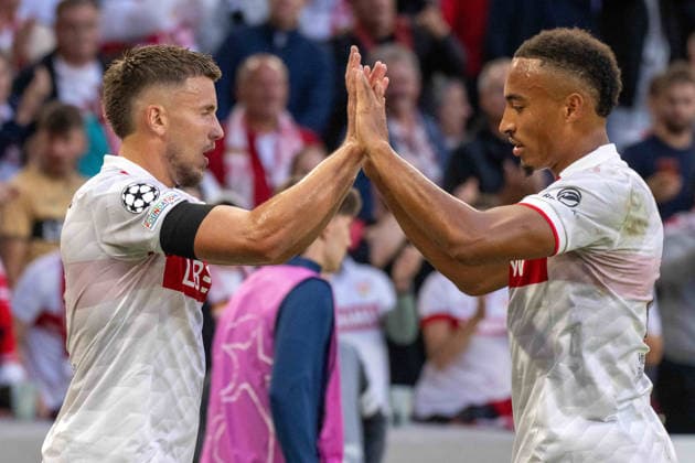 Torjubel des Torschützen Ermedin Demirovic, Jubel und Freude bei Jamie Leweling (VfB Stuttgart). xettx, Deutschland, Stuttgart, 09.09.2026, Fussball, UEFA Champions League: VfB Stuttgart vs Viking FK Stavanger, Saison 2026 2027, Match Day 1, MHP Arena