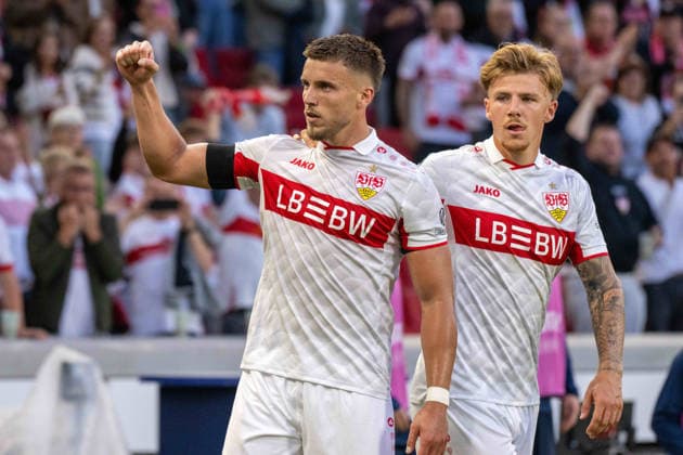 Torjubel des Torschützen Ermedin Demirovic, Jubel und Freude bei Finn Jeltsch (VfB Stuttgart). xettx, Deutschland, Stuttgart, 09.09.2026, Fussball, UEFA Champions League: VfB Stuttgart vs Viking FK Stavanger, Saison 2026 2027, Match Day 1, MHP Arena