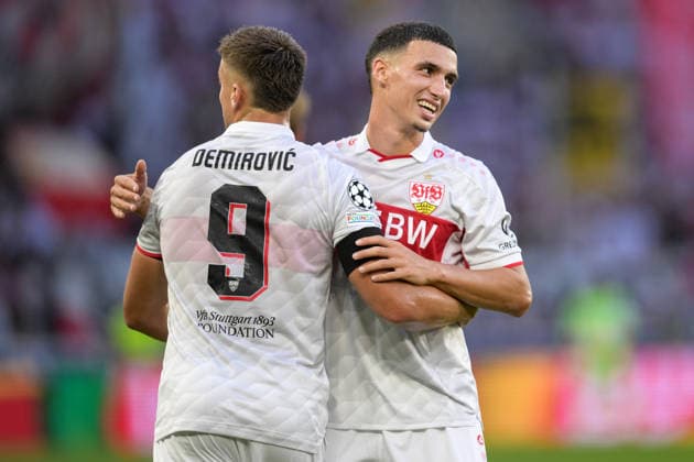 Fußball, UEFA Championsleague, 20260909, VfB Stuttgart - Viking FK Stavanger. Im Bild Tor 2:1, v.l. Ermedin DEMIROVIC (Stuttgart, 9) und Bilal EL KHANNOUSS (Stuttgart, 11). Stuttgart MHP-Arena Baden-Württemberg Deutschland Copyright: Passion2Press MarkusxFischerx