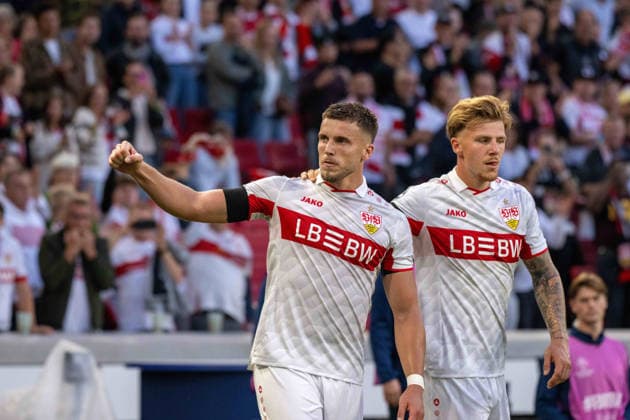 Torjubel des Torschützen Ermedin Demirovic, Jubel und Freude bei Finn Jeltsch (VfB Stuttgart). xettx, Deutschland, Stuttgart, 09.09.2026, Fussball, UEFA Champions League: VfB Stuttgart vs Viking FK Stavanger, Saison 2026 2027, Match Day 1, MHP Arena
