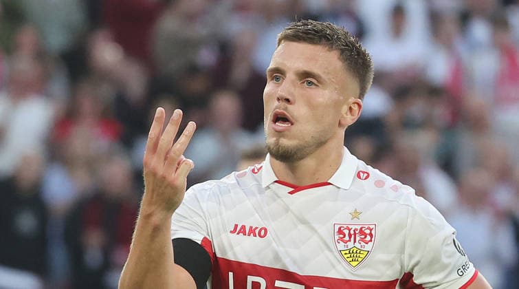 Stuttgart , Fußball UEFA Champions League VfB Stuttgart vs. Viking Stavanger , Jubel Ermedin Demirovic ( VfB ) nach seinem 3. Tor