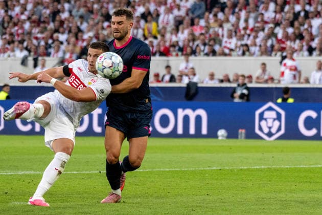 Ermedin Demirovic (VfB Stuttgart) erzielt das 3:1, Gianni Stensness (Viking F.K. Stavanger) kann es nicht verhindern. xettx, Deutschland, Stuttgart, 09.09.2026, Fussball, UEFA Champions League: VfB Stuttgart vs Viking FK Stavanger, Saison 2026 2027, Match Day 1, MHP Arena