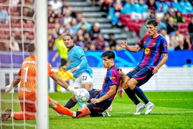 BARCELONA , 09-09-2026 , Spotify Camp Nou , season 2026 2027 , UEFA Champions League football , match between FC Barcelona, Barca and Feyenoord Rotterdam , picture shows Feyenoord player Anis Hadj Moussa shot on goal Barcelona - Feyenoord  x206777286x Copyright: