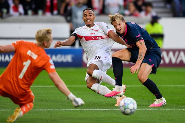 260909 Jamie Leweling of Stuttgart and Jesper Daland of Viking during the UEFA Champions League football match between VfB Stuttgart and Viking on September 9, 2026 in Stuttgart. Photo: Marius Simensen BILDBYRAN COP 238 MM0072 bbeng football fotball fotboll soccer uefa champions league mesterligaen viking vfb stuttgart Copyright: MARIUSxSIMENSEN BB260909BB631