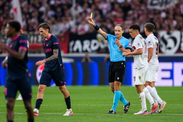 260909 Kristoffer Askildsen of Viking is shown a yellow card during the UEFA Champions League football match between VfB Stuttgart and Viking on September 9, 2026 in Stuttgart. Photo: Marius Simensen BILDBYRAN COP 238 MM0072 bbeng football fotball fotboll soccer uefa champions league mesterligaen viking vfb stuttgart Copyright: MARIUSxSIMENSEN BB260909BB633