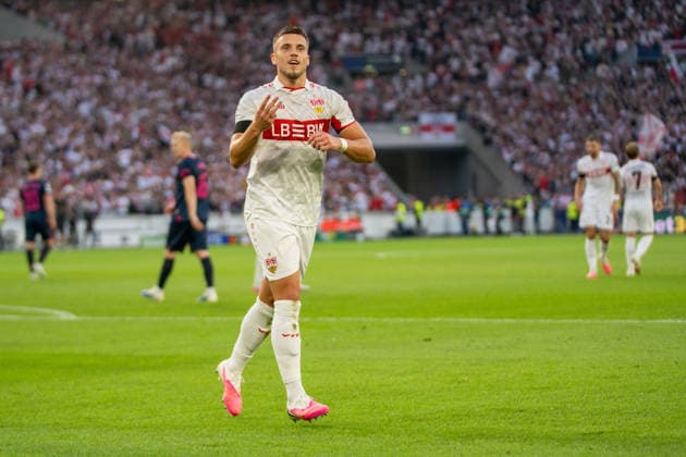 Torjubel von Ermedin Demirovic (VfB Stuttgart, 09) nach seinem Dreierpack zum 3:1, VfB Stuttgart vs. Viking FK, Fussball, Champions League, 1. Spieltag, 09.09.2026, DFB regulations prohibit any use of photographs as image sequences and or quasi-video Stuttgart Baden-Wuerttemberg Deutschland