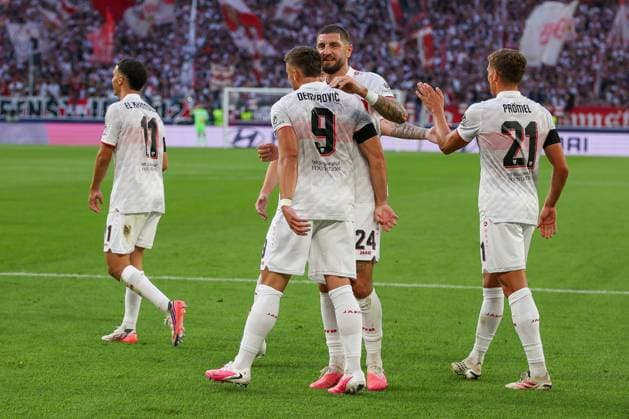 Torjubel der Mannschaft (VfB Stuttgart) nach dem 3:1 durch Ermedin Demirovic 9 (VfB Stuttgart), VfB Stuttgart vs. Viking Stavanger, Fussball, Maenner, UEFA Champions League, Saison 2026 2027, 1. Spieltag, 09.09.2026 Stuttgart Baden-Wuerttemberg Deutschland