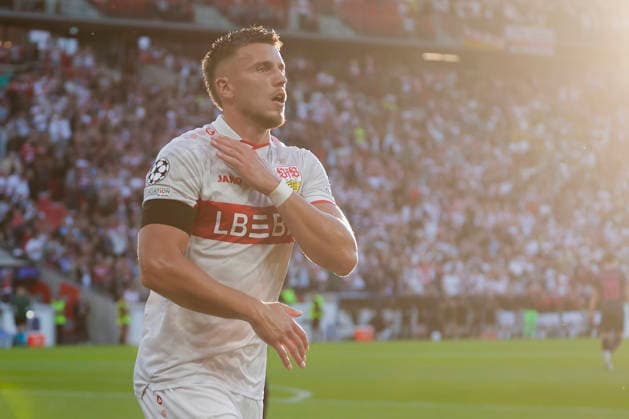 Im Bild: Jubel nach dem Tor zum 1:0 bei Torschuetze Ermedin Demirovic (VfB Stuttgart, 9) 09.09.2026, VfB Stuttgart - Viking FK, UEFA Champions League, 1. Spieltag, Deutschland, Stuttgart, MHP Arena, DFL REGULATIONS PROHIBIT ANY USE OF PHOTOGRAPHS AS IMAGE SEQUENCES AND OR QUASI-VIDEO. Copyright: HMBxMedia xJulienxBecker