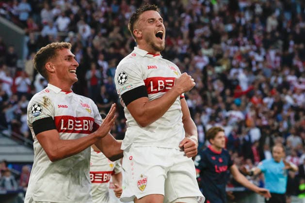Im Bild: Jubel nach dem Tor zum 3:1 bei v.li. Grischa Proemel (VfB Stuttgart, 21) und Torschuetze Ermedin Demirovic (VfB Stuttgart, 9) 09.09.2026, VfB Stuttgart - Viking FK, UEFA Champions League, 1. Spieltag, Deutschland, Stuttgart, MHP Arena, DFL REGULATIONS PROHIBIT ANY USE OF PHOTOGRAPHS AS IMAGE SEQUENCES AND OR QUASI-VIDEO. Copyright: HMBxMedia xJulienxBecker
