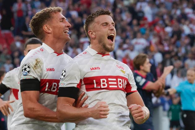 Im Bild: Jubel nach dem Tor zum 3:1 bei v.li. Grischa Proemel (VfB Stuttgart, 21) und Torschuetze Ermedin Demirovic (VfB Stuttgart, 9) 09.09.2026, VfB Stuttgart - Viking FK, UEFA Champions League, 1. Spieltag, Deutschland, Stuttgart, MHP Arena, DFL REGULATIONS PROHIBIT ANY USE OF PHOTOGRAPHS AS IMAGE SEQUENCES AND OR QUASI-VIDEO. Copyright: HMBxMedia xJulienxBecker