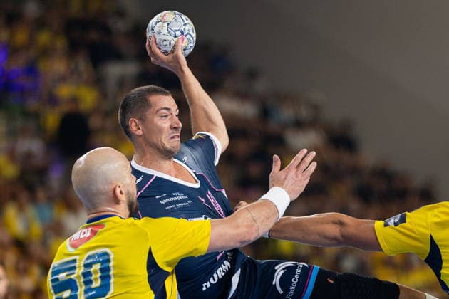 Kielce 09.09.2026. Handball EHF Champions League season 2026 2027 round 1 match between Industria Kielce and HC Kriens-Luzern in Kielce, Poland --- Pilka reczna EHF Liga Mistrzow sezon 2026 2027 kolejka 1 mecz : Industria Kielce - HC Kriens-Luzern Persons Shown : Jerome Muller Artsem Karalek Theo Monar Photo by Igor Jakubowski Arena Akcji NEWSPIX.PL --- newspix.pl 