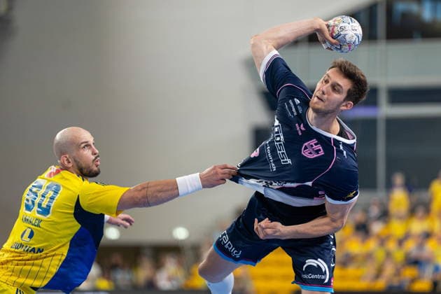 Kielce 09.09.2026. Handball EHF Champions League season 2026 2027 round 1 match between Industria Kielce and HC Kriens-Luzern in Kielce, Poland --- Pilka reczna EHF Liga Mistrzow sezon 2026 2027 kolejka 1 mecz : Industria Kielce - HC Kriens-Luzern Persons Shown : Mykola Bilyk Artsem Karalek Photo by Igor Jakubowski Arena Akcji NEWSPIX.PL --- newspix.pl 