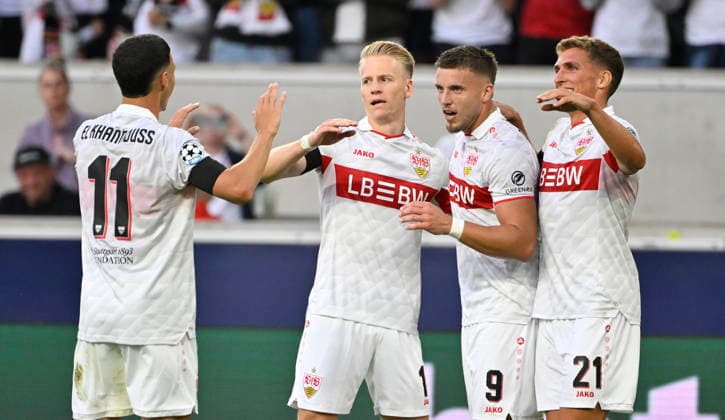 TOR zum 3:1 Ermedin Demirovic VfB Stuttgart (09) Torjubel Bilal El Khannouss VfB Stuttgart (11) Chris Fuehrich VfB Stuttgart (10) Grischa Proemel VfB Stuttgart (21) Champions League VfB Stuttgart vs Viking FK Stavanger 09.09.2026 DFL REGULATIONS PROHIBIT ANY USE OF PHOTOGRAPHS AS IMAGE SEQUENCES AND OR QUASI-VIDEO Champions League VfB Stuttgart vs Viking FK Stavanger