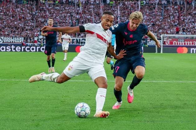 Jamie Leweling 18 (VfB Stuttgart) in Aktion gegen Tobias Moi 29 (Viking Stavanger), VfB Stuttgart vs. Viking Stavanger, Fussball, Maenner, UEFA Champions League, Saison 2026 2027, 1. Spieltag, 09.09.2026 Stuttgart Baden-Wuerttemberg Deutschland