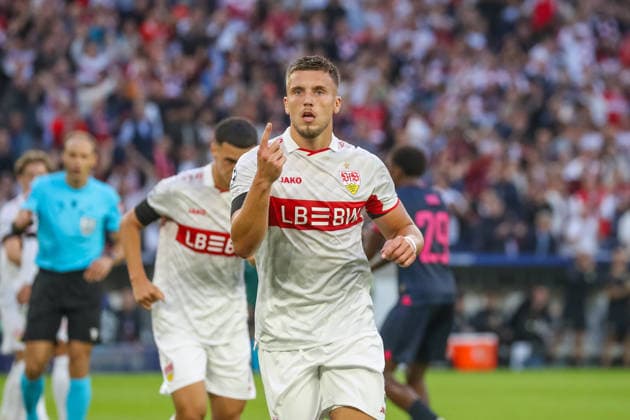 09.09.26 VfB Stuttgart - Viking Stavanger Deutschland, Stuttgart, 09.09.2026, Fussball, UEFA Champions League, Saison 2026 2027, VfB Stuttgart - Viking Stavanger: Ermedin Demirovic (VfB Stuttgart), Jubel Tor 3:1 Demirovic.