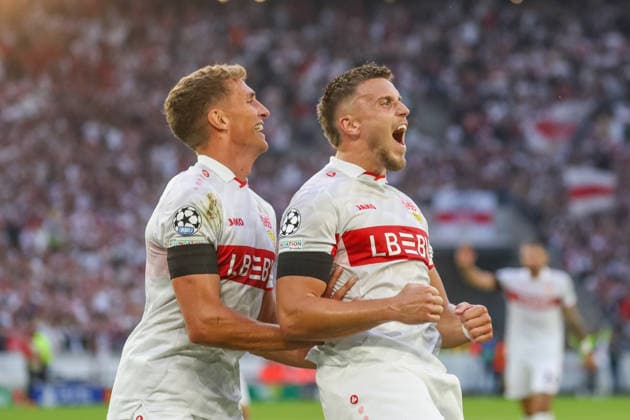 09.09.26 VfB Stuttgart - Viking Stavanger Deutschland, Stuttgart, 09.09.2026, Fussball, UEFA Champions League, Saison 2026 2027, VfB Stuttgart - Viking Stavanger: v.l. Grischa Prömel, Ermedin Demirovic (beide VfB Stuttgart), Jubel Tor 3:1 Demirovic.