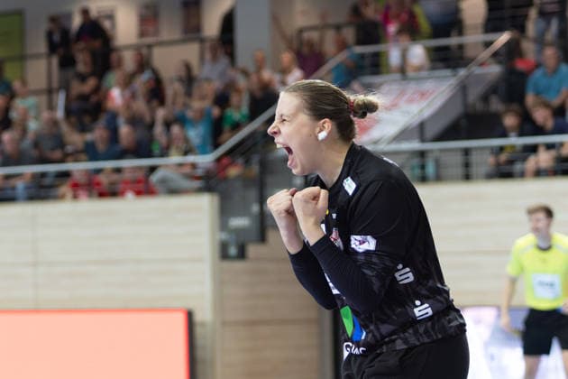Torhüterin Lena Schmid (Halle, 99), SV Union Halle-Neustadt vs. HSG Blomberg-Lippe, 1. Bundesliga Handball Frauen, 3. Spieltag Saison 2026 27, 09.09.2026 Halle SWH Arena Sachsen-Anhalt Deutschland