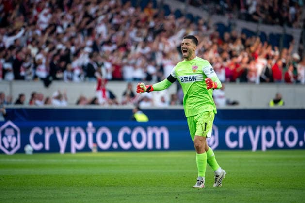 09.09.2026, GER, Fussball, Herren, UEFA Champions League, Ligaphase, 1. Spieltag, Saison 2026 2027, VfB Stuttgart vs. Viking Stavanger Fabian Bredlow ( VfB Stuttgart, 01 ) jubelt über das Tor zum 1:0, Stuttgart MHP Arena Baden-Württemberg Deutschland Copyright: xNordphoto Memmlerx