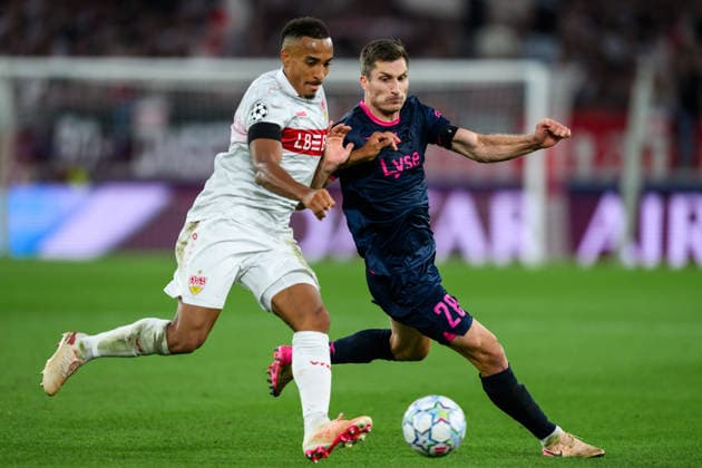 260909 Jamie Leweling of Stuttgart and Kristoffer Haugen of Viking during the UEFA Champions League football match between VfB Stuttgart and Viking on September 9, 2026 in Stuttgart. Photo: Marius Simensen BILDBYRAN COP 238 MM0072 bbeng football fotball fotboll soccer uefa champions league mesterligaen viking vfb stuttgart Copyright: MARIUSxSIMENSEN BB260909BB697