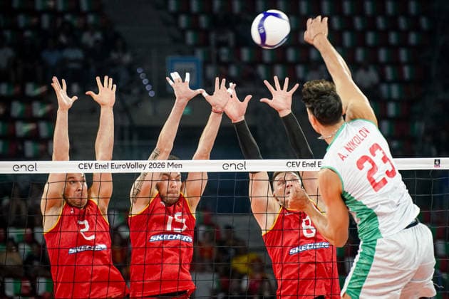 Volleyball - CEV EuroVolley 2026 Group B - Bulgaria vs North Macedonia - 09.09.2026 SOFIA, BULGARIA - September 9th: Gjorgi Jr Gjorgiev, 2 of Macedonia, Filip Madjunkov, 15 of Macedonia and Aleksandar Ljaftov, 8 of Macedonia during CEV EuroVolley 2026, Group B match between Bulgaria vs North Macedonia at Arena 8888 on September 9th, 2026 in Sofia, Bulgaria. Copyright: xYulianxTodorovx