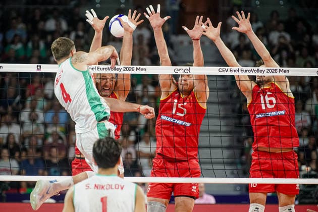 Volleyball - CEV EuroVolley 2026 Group B - Bulgaria vs North Macedonia - 09.09.2026 SOFIA, BULGARIA - September 9th: Filip Madjunkov, 15 of Macedonia, Stojan Iliev, 16 of Macedonia and Martin Atanasov, 4 of Bulgaria during CEV EuroVolley 2026, Group B match between Bulgaria vs North Macedonia at Arena 8888 on September 9th, 2026 in Sofia, Bulgaria. Copyright: xYulianxTodorovx