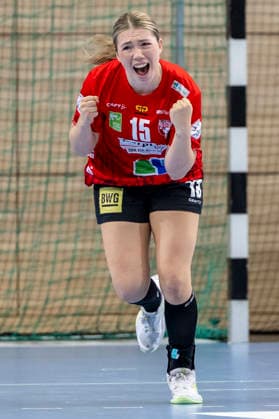 Alsco Handball Bundesliga Frauen, Saison 2026 2027 SV Union Halle-Neustadt vs.HSG Blomberg-Lippe Halle, Deutschland 09.September 2026: Im Bild:Fabienne Büch Buech (Halle) Jubel, Freude, Emotion, Torjubel, Torschuetze, Torschütze, Halle Saale SWH Arena Sachsen-Anhalt Deutschland