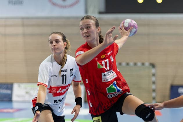 Isabelle Axmann (Blomberg, 11), Emma Hertha (Halle, 17), SV Union Halle-Neustadt vs. HSG Blomberg-Lippe, 1. Bundesliga Handball Frauen, 3. Spieltag Saison 2026 27, 09.09.2026 Halle SWH Arena Sachsen-Anhalt Deutschland