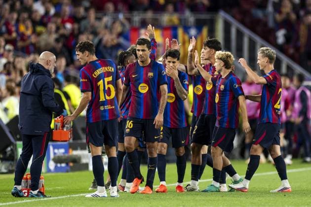 BARCELONA - FC Barcelona, Barca players celebrate Lamine Yamal s 4-0 goal during the UEFA Champions League match between FC Barcelona and Feyenoord at Camp Nou on September 9, 2026, in Barcelona, Spain. KOEN VAN WEEL ANP UEFA Champions League 2026 27 xVIxANPxSportx xxANPxIVx 567776637 originalFilename: 567776637.jpg