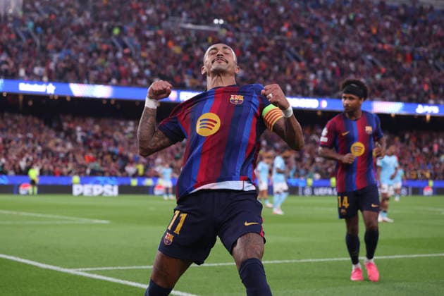 September 9, 2026, Barcelona, Barcelona, Spain: Raphinha Dias Belloli of FC Barcelona, Barca celebrates after scoring his team s third goal during the UEFA Champions League 2026 27 League Phase MD1, football match played between FC Barcelona and Feyenoord at Spotify Camp Nou Stadium on September 09, 2026 in Barcelona, Spain. Barcelona Spain - ZUMAa181 20260909_zaa_a181_146 Copyright: xJavierxBorregox