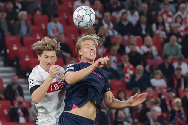 Im Bild: Kopfballduell zwischen v.li. Angelo Stiller (VfB Stuttgart, 6) und Jesper Daland (Viking FK, 27) 09.09.2026, VfB Stuttgart - Viking FK, UEFA Champions League, 1. Spieltag, Deutschland, Stuttgart, MHP Arena, DFL REGULATIONS PROHIBIT ANY USE OF PHOTOGRAPHS AS IMAGE SEQUENCES AND OR QUASI-VIDEO. Copyright: HMBxMedia xJulienxBecker