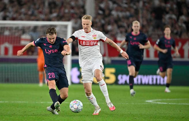 Zweikampf, Aktion Peter Christiansen Viking FK Stavanger (20) gegen Chris Fuehrich VfB Stuttgart (10) Champions League VfB Stuttgart vs Viking FK Stavanger 09.09.2026 DFL REGULATIONS PROHIBIT ANY USE OF PHOTOGRAPHS AS IMAGE SEQUENCES AND OR QUASI-VIDEO Champions League VfB Stuttgart vs Viking FK Stavanger