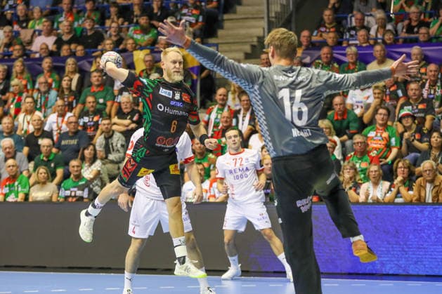 09.09.2026, xgox, Handball - EHF Champions League SC Magdeburg - Kolstad Handbold v.l. Matthias Musche (Magdeburg, 6) wirft Tor, Torschuetze, erzielt Tor, Treffer, scores the goal Magdeburg
