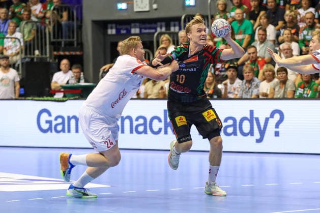 09.09.2026, xgox, Handball - EHF Champions League SC Magdeburg - Kolstad Handbold v.l. Mikkel Vestli (Kolstad, 24), Gisli Thorgeir Kristjansson (Magdeburg, 10) Zweikampf, Duell, Kampf, tackle Magdeburg