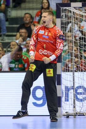 09.09.2026, xtgx, Handball Champions LegaueL, SC Magdeburg - Kolstad Handbold emspor, v.l. Dominik Kuzmanovic (Magdeburg, 1) Jubelt ueber gehaltenen Ball, abgewehrt, gehalten, Torhueter Magdeburg