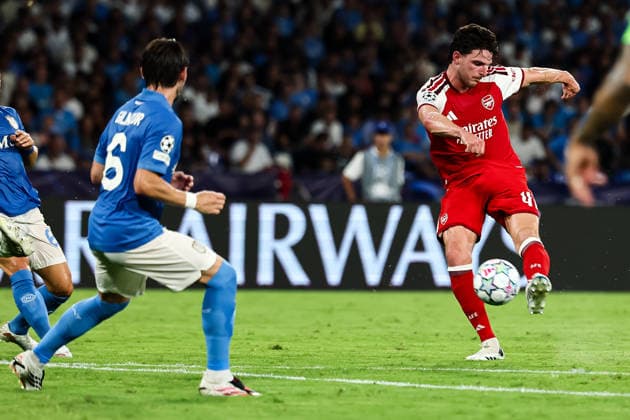 Declan Rice of Arsenal in action during the UEFA Champions League 2026 2027 football match between SSC Napoli and Arsenal FC at Diego Armando Maradona stadium in Naples, (Italy), September 9, 2026. cesarexpurini