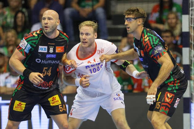 09.09.2026, xtgx, Handball Champions LegaueL, SC Magdeburg - Kolstad Handbold emspor, v.l. Oscar Bergendahl (Magdeburg, 54), Magnus Gullerud (Kolstad, 14), Antonio Serradilla Cuenca (Magdeburg, 15) Zweikampf, Duell, Kampf, tackle Magdeburg