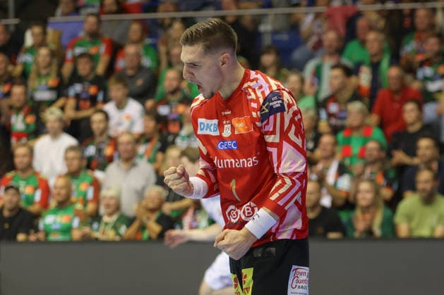 09.09.2026, xtgx, Handball Champions LegaueL, SC Magdeburg - Kolstad Handbold emspor, v.l. Dominik Kuzmanovic (Magdeburg, 1) jubelt ueber gehaltenen Ball, abgewehrt, gehalten, Torhueter Magdeburg