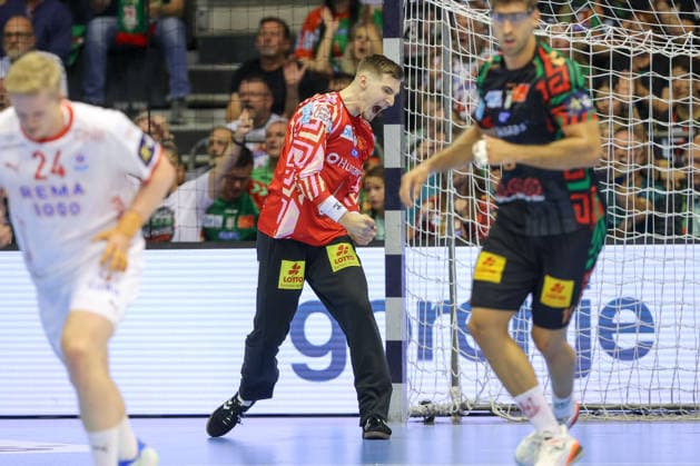 09.09.2026, xtgx, Handball Champions LegaueL, SC Magdeburg - Kolstad Handbold emspor, v.l. Dominik Kuzmanovic (Magdeburg, 1) Jubelt ueber gehaltenen Ball, abgewehrt, gehalten, Torhueter Magdeburg